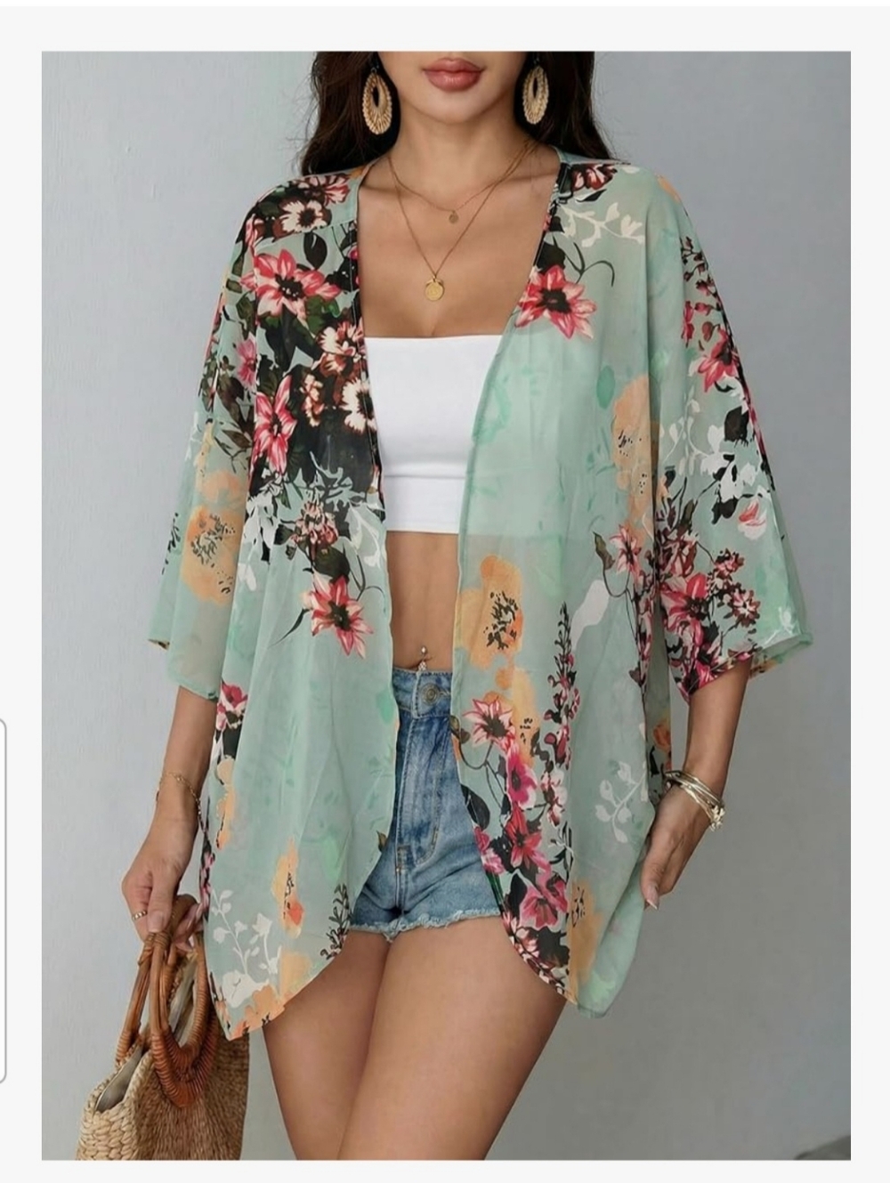 Mint Floral Sheer Kimono Cardigan